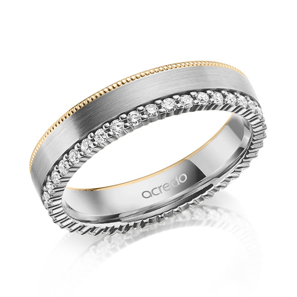 Bicolor Memoire-trouwring in grijsgoud 14 kt. roségoud 14 kt. volledig gezet met in totaal 0,38 ct. tw/si van acredo