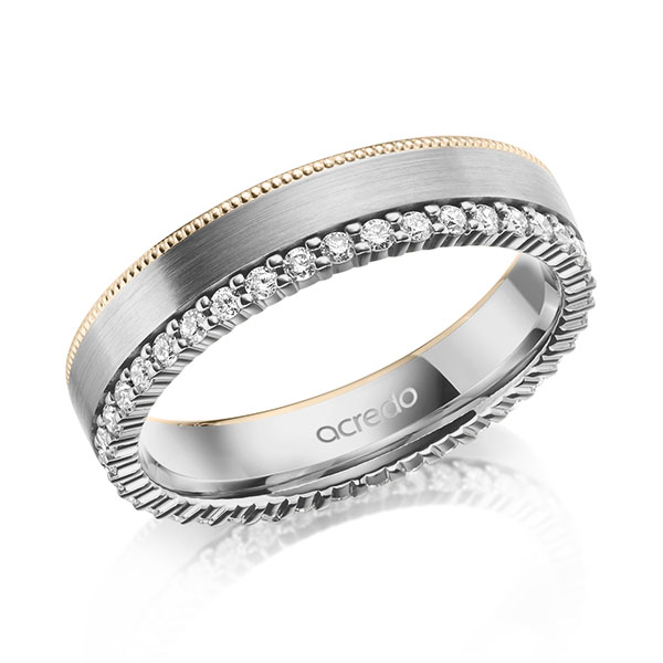 Bicolor Memoire-trouwring in grijsgoud 14 kt. Signature Goud 585 volledig gezet met in totaal 0,38 ct. tw/si van acredo