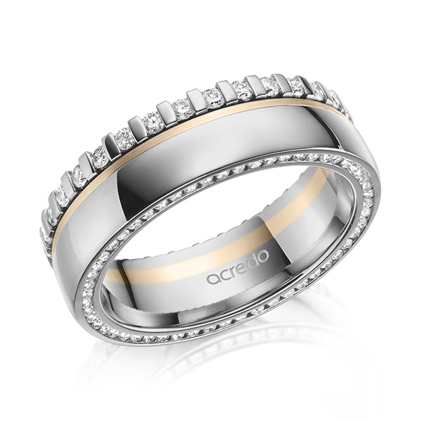 Bicolor Memoire-trouwring in grijsgoud 14 kt. Signature Goud 585 volledig gezet met in totaal 0,75 ct. Briljant tw/si van acredo