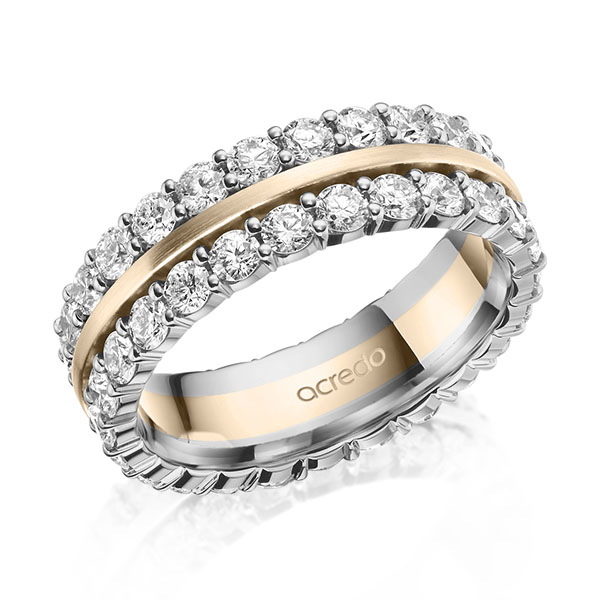 Bicolor Memoire-trouwring in grijsgoud 14 kt. Signature Goud 585 volledig gezet met in totaal 2,5 ct. tw/si van acredo