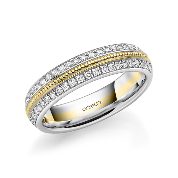 Bicolor Memoire-trouwring in witgoud 14 kt. geelgoud 14 kt. half gezet met in totaal 0,384 ct. Briljant tw/si van acredo - A-1759-12 Bicolor Memoire-trouwring in witgoud 14 kt. geelgoud 14 kt. half gezet met in totaal 0,384 ct. Briljant tw/si van acredo - A-1759-12