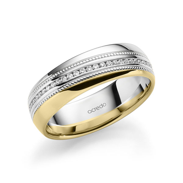 Bicolor Memoire-trouwring in witgoud 14 kt. geelgoud 14 kt. volledig gezet met in totaal 0,28 ct. Briljant tw/si van acredo - A-1757-12 Bicolor Memoire-trouwring in witgoud 14 kt. geelgoud 14 kt. volledig gezet met in totaal 0,28 ct. Briljant tw/si van acredo - A-1757-12