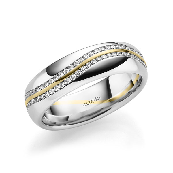 Bicolor Memoire-trouwring in witgoud 14 kt. geelgoud 14 kt. volledig gezet met in totaal 0,6 ct. Briljant tw/si van acredo - A-1711-24 Bicolor Memoire-trouwring in witgoud 14 kt. geelgoud 14 kt. volledig gezet met in totaal 0,6 ct. Briljant tw/si van acredo - A-1711-24