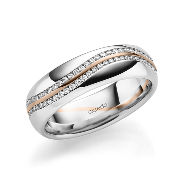 Bicolor Memoire-trouwring in witgoud 14 kt. roodgoud 14 kt. volledig gezet met in totaal 0,6 ct. Briljant tw/si van acredo - A-1711-23 Bicolor Memoire-trouwring in witgoud 14 kt. roodgoud 14 kt. volledig gezet met in totaal 0,6 ct. Briljant tw/si van acredo - A-1711-23