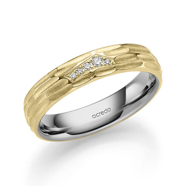 Bicolor trouwring in buiten geelgoud 14 kt. , binnen grijsgoud 14 kt. met in totaal 0,043 ct. Briljant tw/si van acredo
