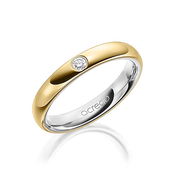 Bicolor trouwring in buiten geelgoud 14 kt. , binnen grijsgoud 14 kt. met in totaal 0,06 ct. Briljant tw/si van acredo
