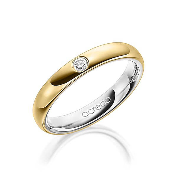 Bicolor trouwring in buiten geelgoud 18 kt. , binnen platina 950 met in totaal 0,06 ct. Briljant tw/si van acredo