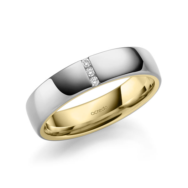 Bicolor trouwring in buiten grijsgoud 14 kt. , binnen geelgoud 14 kt. met in totaal 0,06 ct. Briljant tw/si van acredo