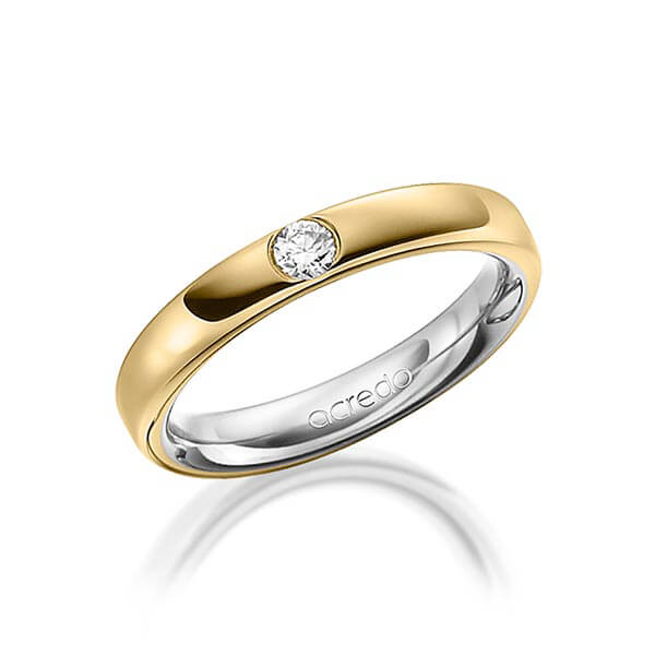 Bicolor trouwring in buiten grijsgoud 14 kt. , binnen geelgoud 14 kt. met in totaal 0,12 ct. Briljant tw/si van acredo