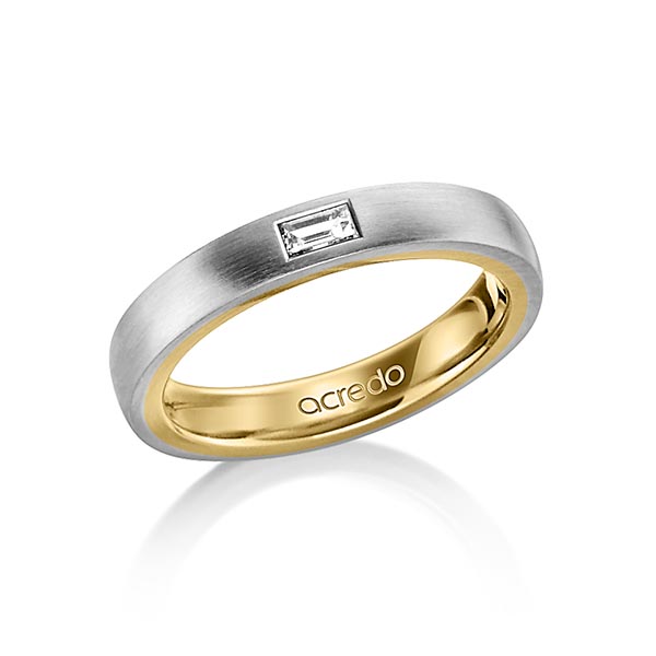 Bicolor trouwring in buiten grijsgoud 14 kt. , binnen geelgoud 14 kt. met in totaal 0,15 ct. Baguette-Diamant tw,vs van acredo