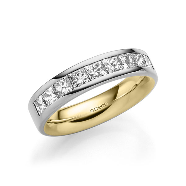 Bicolor trouwring in buiten grijsgoud 14 kt. , binnen geelgoud 14 kt. met in totaal 1,2 ct. Princess-Diamant tw/si van acredo