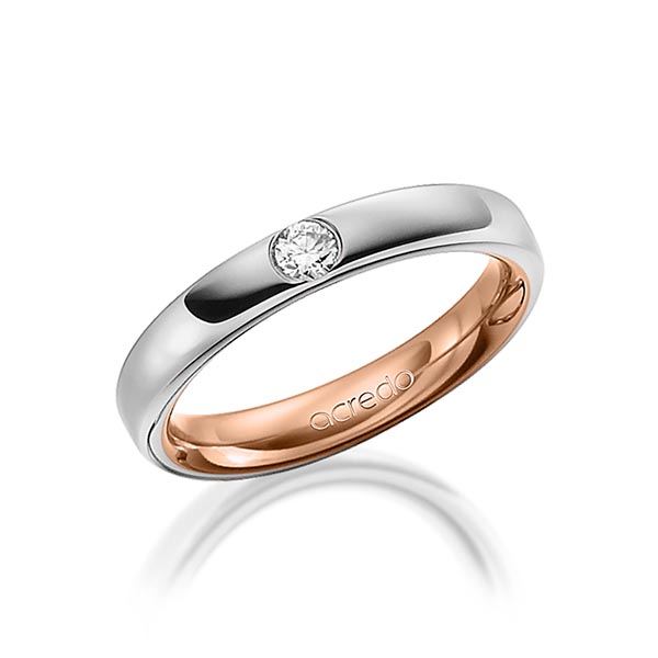 Bicolor trouwring in buiten grijsgoud 14 kt. , binnen roodgoud 14 kt. met in totaal 0,12 ct. Briljant tw/si van acredo