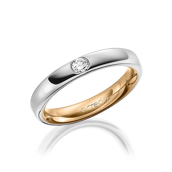 Bicolor trouwring in buiten grijsgoud 14 kt. , binnen roségoud 14 kt. met in totaal 0,12 ct. Briljant tw/si van acredo
