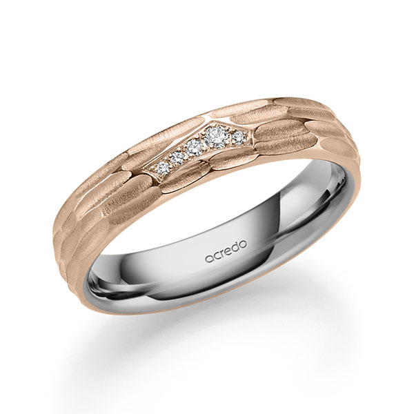 Bicolor trouwring in buiten roodgoud 14 kt. , binnen grijsgoud 14 kt. met in totaal 0,043 ct. Briljant tw/si van acredo