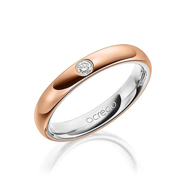 Bicolor trouwring in buiten roodgoud 18 kt. , binnen platina 950 met in totaal 0,06 ct. Briljant tw/si van acredo