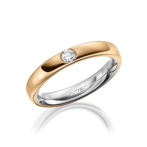 Bicolor trouwring in buiten roségoud 14 kt. , binnen grijsgoud 14 kt. met in totaal 0,12 ct. Briljant tw/si van acredo