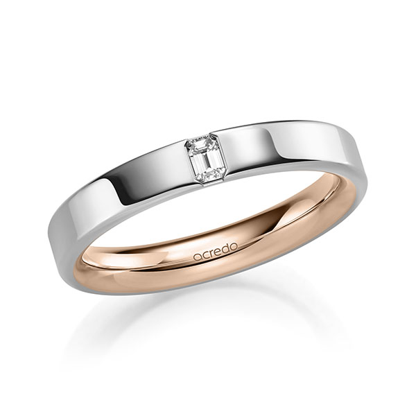 Bicolor trouwring in buiten witgoud 14 kt. , binnen roodgoud 14 kt. met in totaal 0,1 ct. tw,vs van acredo