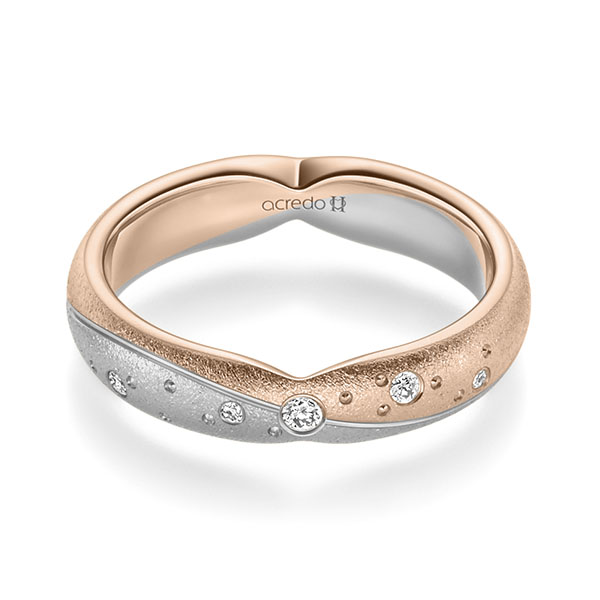 Bicolor trouwring in roodgoud 14 kt. grijsgoud 14 kt. met in totaal 0,065 ct. Briljant tw/si van acredo