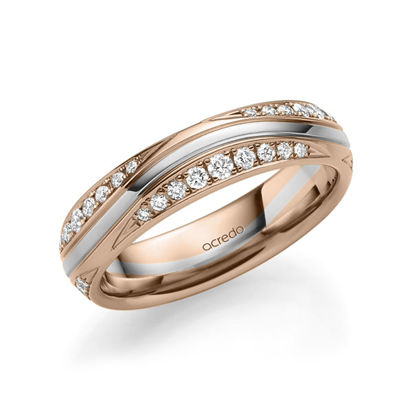 Bicolor trouwring in roodgoud 14 kt. witgoud 14 kt. met in totaal 0,576 ct. Briljant tw/si van acredo