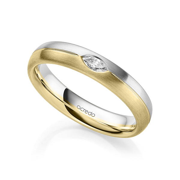 Bicolor trouwring in witgoud 14 kt. geelgoud 14 kt. met in totaal 0,1 ct. tw,vs van acredo