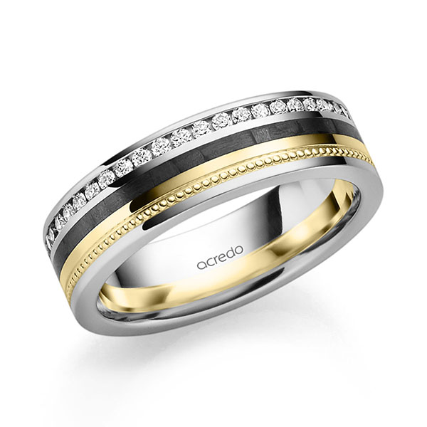 Carbon Memoire-Trauring/Ehering in Platin 950 Platin 950 mit Carbon-Einzug Gelbgold 750 vollausgefasst mit zus. 0,344 ct. Brillant tw, si von acredo