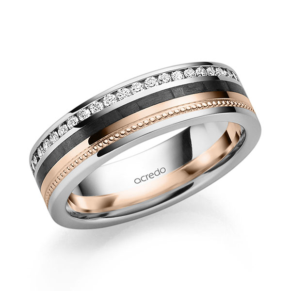 Carbon Memoire-Trauring/Ehering in Platin 950 Platin 950 mit Carbon-Einzug Rotgold 750 vollausgefasst mit zus. 0,344 ct. Brillant tw, si von acredo