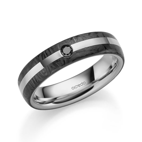Carbon trouwring in grijsgoud 14 kt. met Carbon indentation met in totaal 0,03 ct. Briljant Zwart van acredo