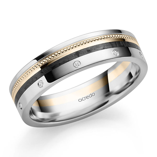 Carbon trouwring in platina 950 platina 950 met Carbon indentation Signature Goud 750 met in totaal 0,025 ct. Briljant tw,vs van acredo