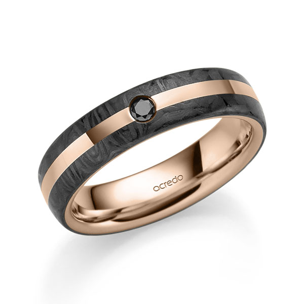 Carbon trouwring in roodgoud 14 kt. met Carbon indentation met in totaal 0,03 ct. Briljant Zwart van acredo