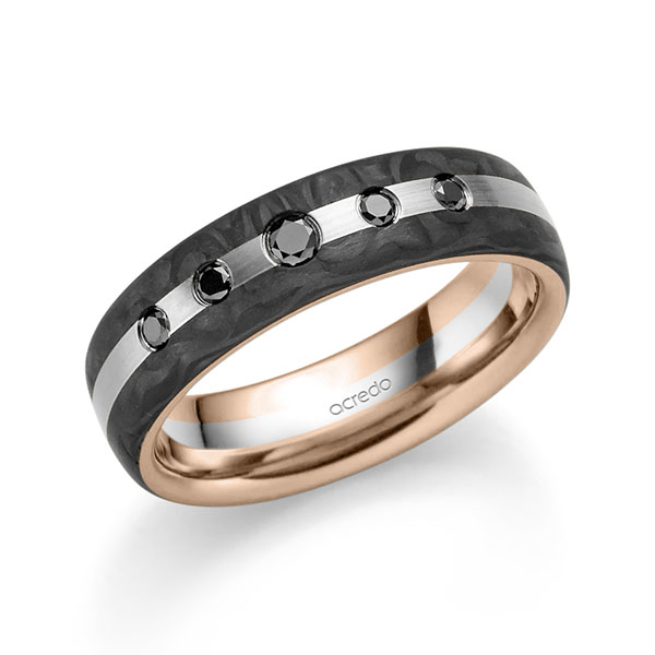 Carbon trouwring in roodgoud 14 kt. witgoud 14 kt. met in totaal 0,15 ct. Briljant Zwart van acredo - S-1310-13