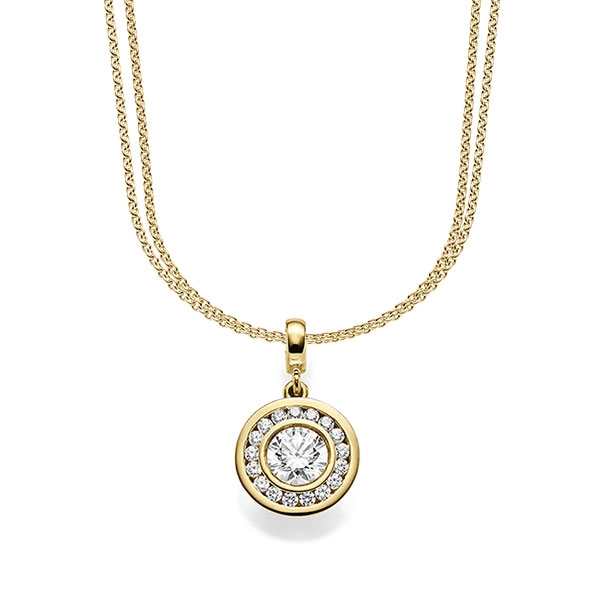 collier met hanger in geelgoud 14 kt. met 1 ct. + in totaal 0,255 ct. Briljant tw/si van acredo