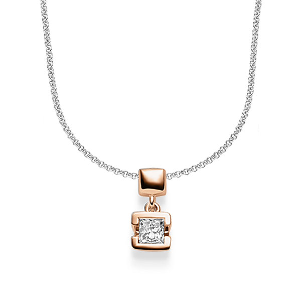 collier met hanger in roodgoud 14 kt. met in totaal 0,25 ct. Princess-Diamant tw/si van acredo