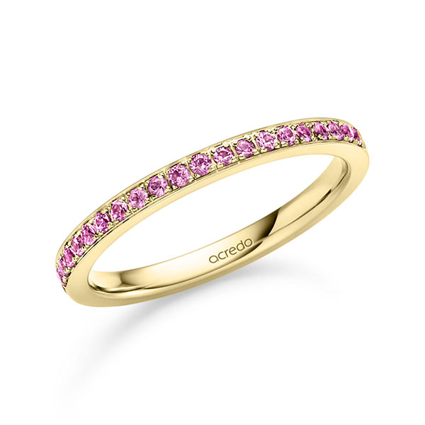 klassieke Memoire-trouwring in geelgoud 14 kt. half gezet met in totaal 0,21 ct. Briljant saffier lichtroze van acredo