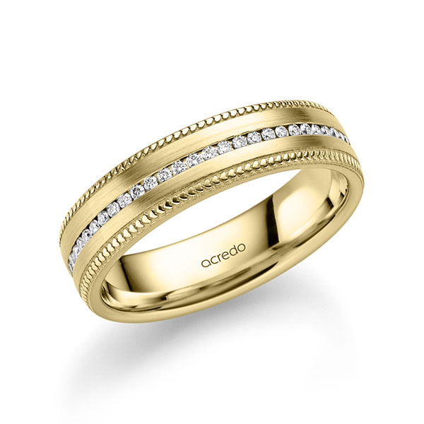 Klassieke Memoire-trouwring in geelgoud 14 kt. volledig gezet met in totaal 0,28 ct. Briljant tw/si van acredo