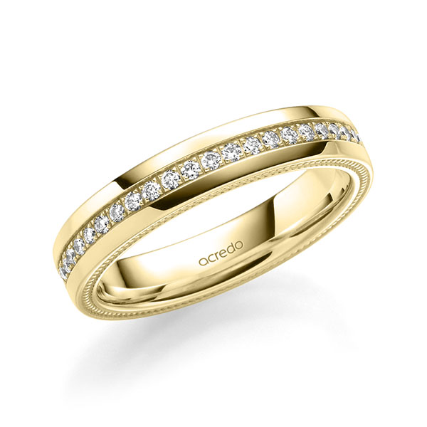 Klassieke Memoire-trouwring in geelgoud 14 kt. volledig gezet met in totaal 0,44 ct. Briljant tw/si van acredo