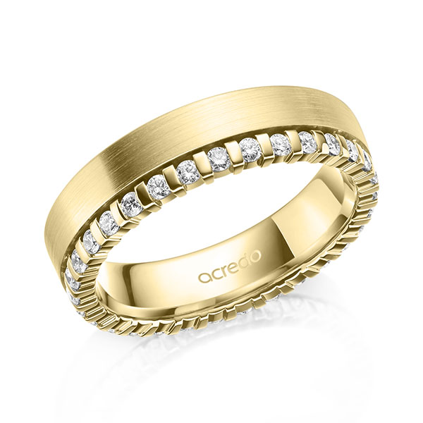 Klassieke Memoire-trouwring in geelgoud 14 kt. volledig gezet met in totaal 0,465 ct. tw/si van acredo