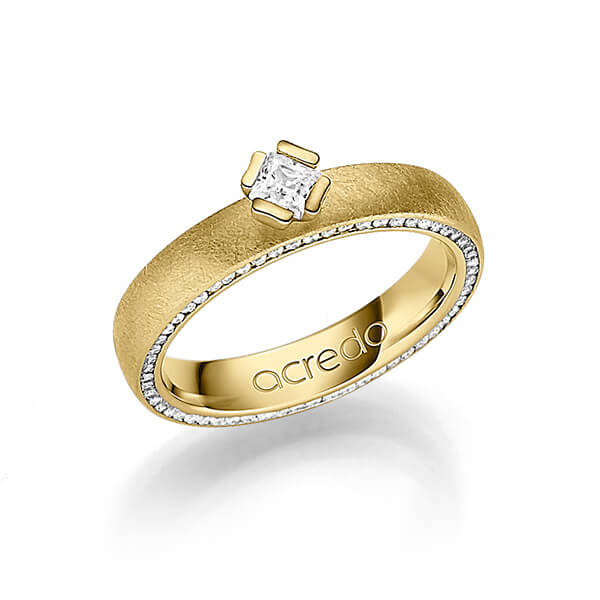 klassieke Memoire-trouwring in geelgoud 14 kt. volledig gezet met in totaal 0,47 ct. Princess-Diamant & Briljant tw/si van acredo