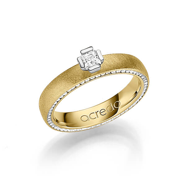 klassieke Memoire-trouwring in geelgoud 14 kt. volledig gezet met in totaal 0,47 ct. Princess-Diamant & Briljant tw/si van acredo