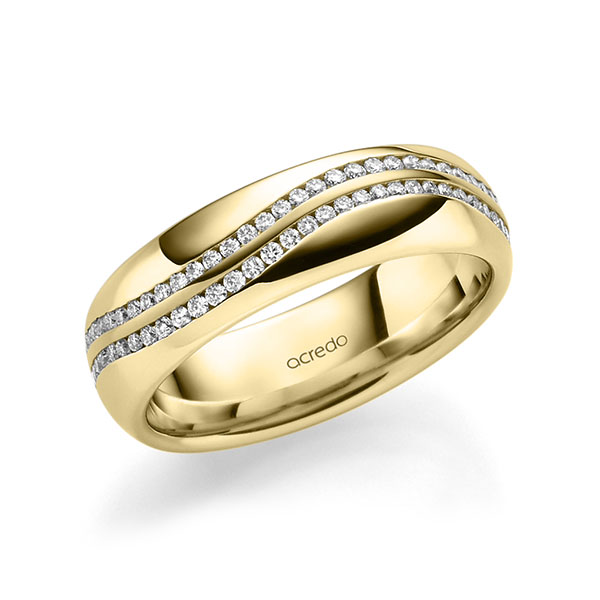 Klassieke Memoire-trouwring in geelgoud 14 kt. volledig gezet met in totaal 0,6 ct. Briljant tw/si van acredo