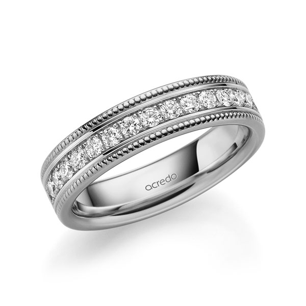 Klassieke Memoire-trouwring in grijsgoud 14 kt. half gezet met in totaal 0,45 ct. Briljant tw/si van acredo