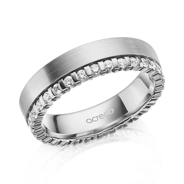 Klassieke Memoire-trouwring in grijsgoud 14 kt. volledig gezet met in totaal 0,465 ct. tw/si van acredo