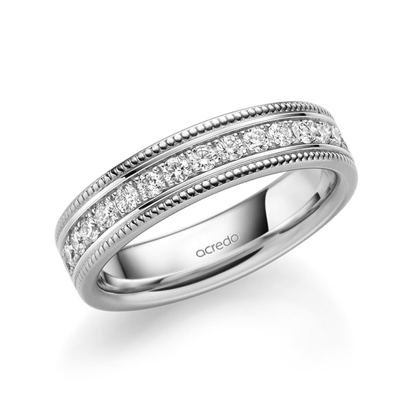 Klassieke Memoire-trouwring in witgoud 14 kt. half gezet met in totaal 0,45 ct. Briljant tw/si van acredo