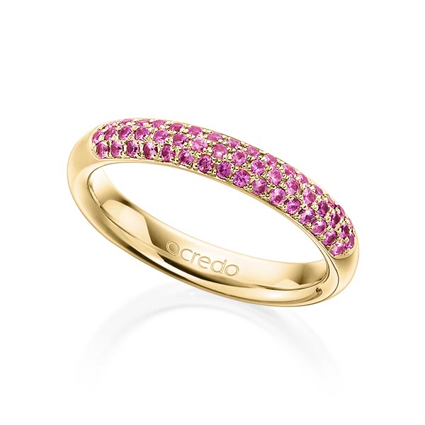 klassieke trouwring in geelgoud 14 kt. met in totaal 0,392 ct. Briljant saffier lichtroze van acredo