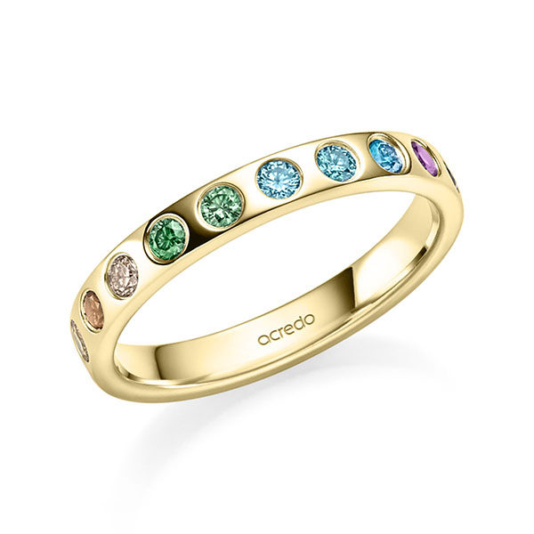 klassieke trouwring in geelgoud 14 kt. met in totaal 0,48 ct. Briljant Apple Green Oranje Cognac Geel oceanblue Red Cherry iceblue skyblue van acredo