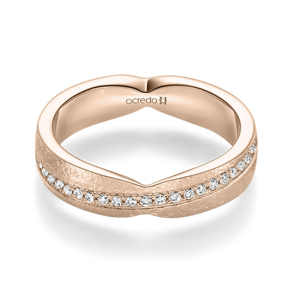 Klassieke trouwring in roodgoud 14 kt. crushed met in totaal 0,184 ct. Briljant tw/si van acredo