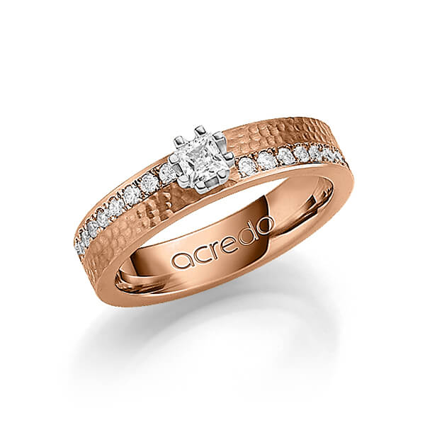 klassieke trouwring in roodgoud 14 kt. hamerslag met in totaal 0,74 ct. Briljant & Princess-Diamant tw/si van acredo