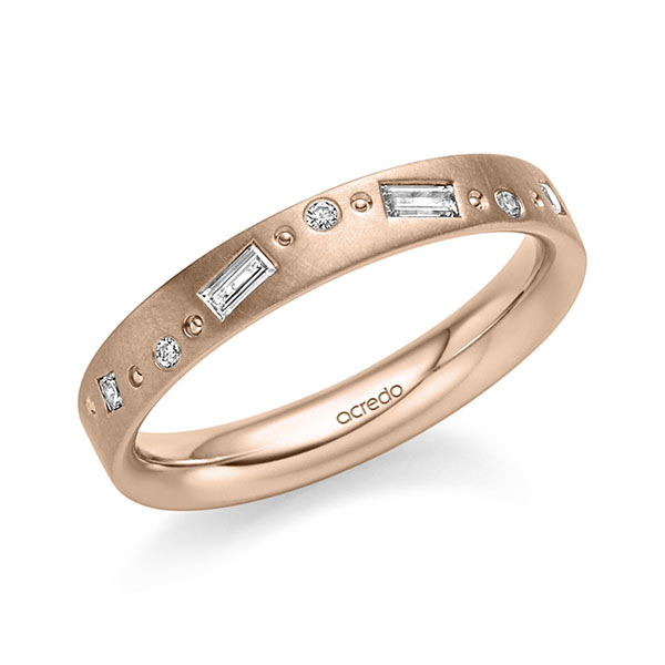 Klassieke trouwring in roodgoud 14 kt. met in totaal 0,19 ct. Baguette-Diamant & Princess-Diamant & Briljant tw,vs van acredo