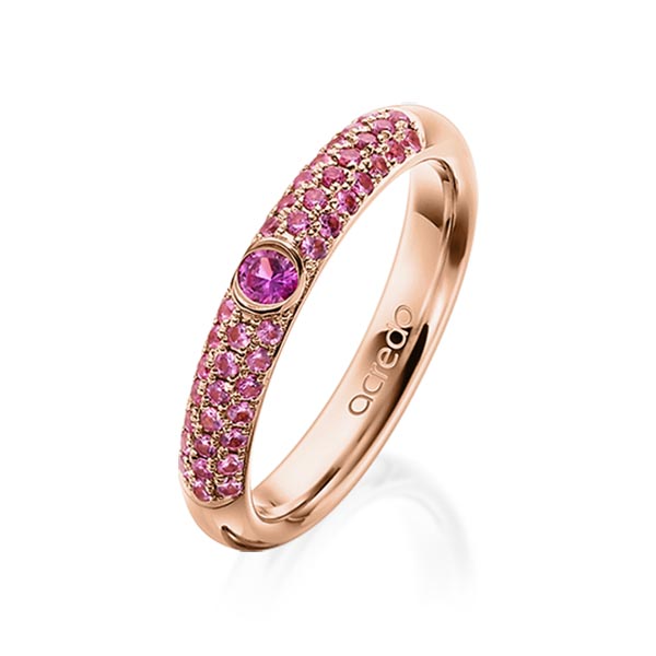 klassieke trouwring in roodgoud 14 kt. met in totaal 0,416 ct. Briljant Saffier Roze saffier lichtroze van acredo
