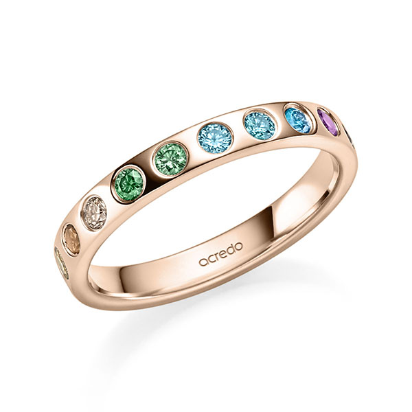 klassieke trouwring in roodgoud 14 kt. met in totaal 0,48 ct. Briljant Apple Green Oranje Cognac Geel oceanblue Red Cherry iceblue skyblue van acredo