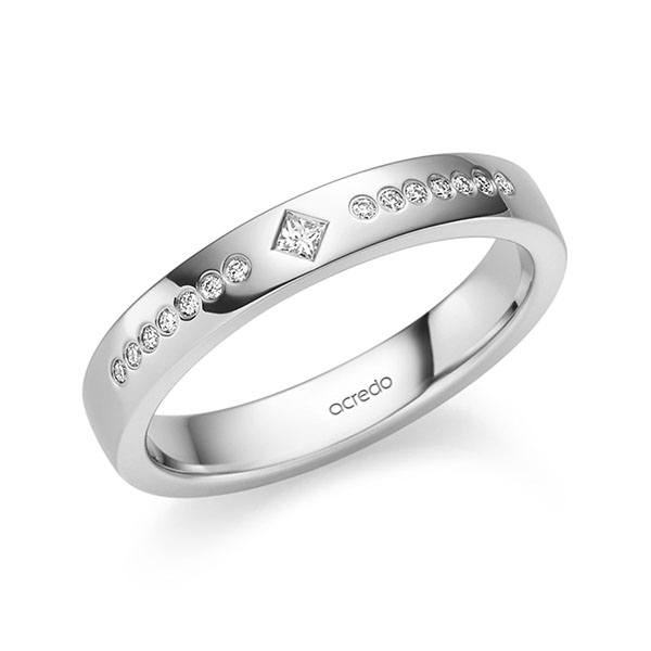 klassieke trouwring in witgoud 14 kt. met in totaal 0,1 ct. Princess-Diamant & Briljant tw,vs van acredo